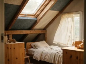 Kinderslaapkamer op zolder met mineraalwol dakisolatie tussen houten gordingen, wit bed en zacht daglicht door dakraam.