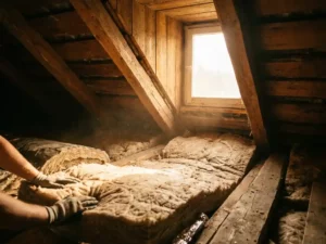 Zoldervloer met minerale wol isolatie tussen dakspanten, warm amberkleurig licht door dakraam, zichtbare houten balken.