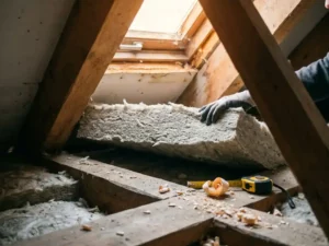 Mineraalwol isolatieplaat geplaatst tussen dakspanten in een Nederlandse zolderkap, verlicht door warm natuurlijk daglicht via dakraam.