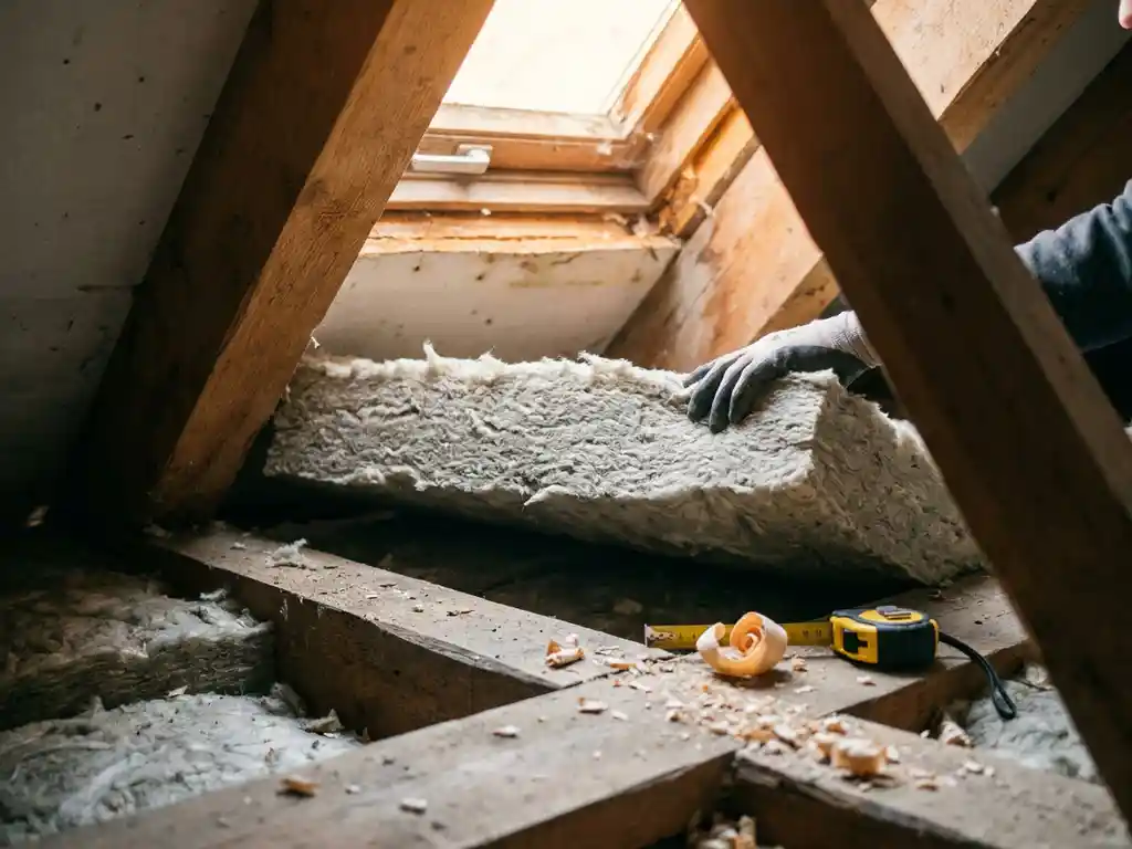 Mineraalwol isolatieplaat geplaatst tussen dakspanten in een Nederlandse zolderkap, verlicht door warm natuurlijk daglicht via dakraam.