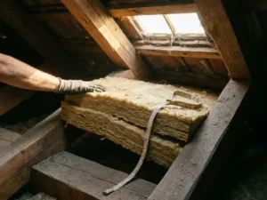 Mineraalwol isolatieplaat ingeklemd tussen houten dakspanten tijdens renovatie, meetlint ernaast, stoffige zolder in warm middaglicht.