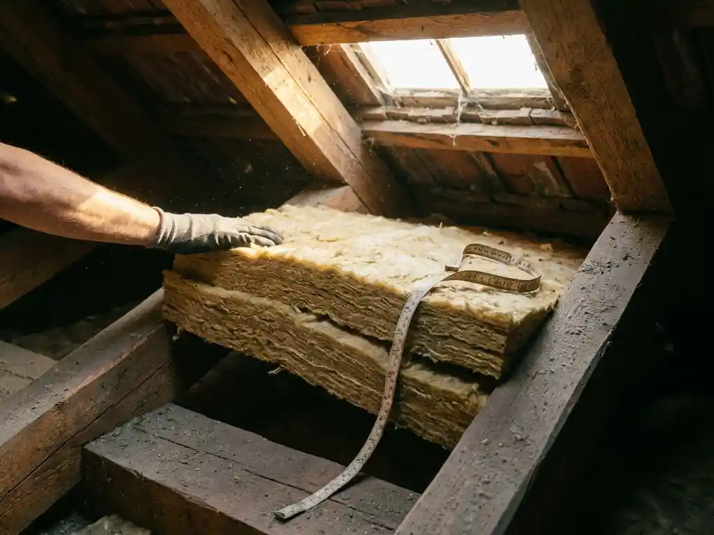 Mineraalwol isolatieplaat ingeklemd tussen houten dakspanten tijdens renovatie, meetlint ernaast, stoffige zolder in warm middaglicht.