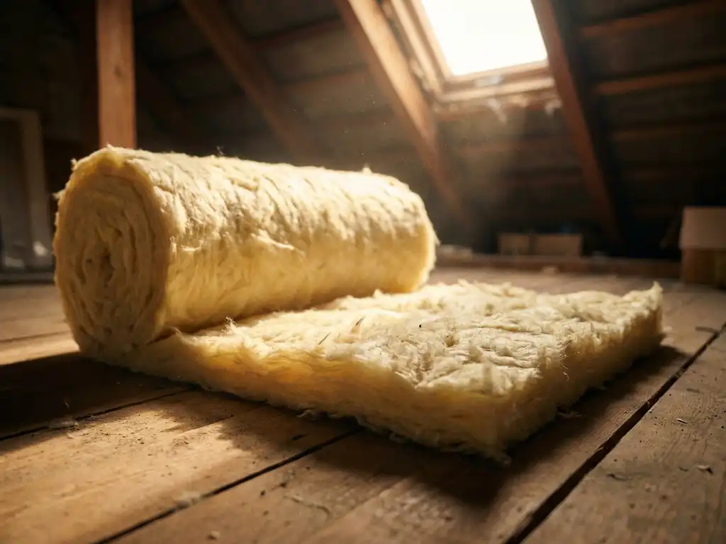 Glaswolrol uitgerold op houten zoldervloer, met warm goudkleurig licht door dakraam op de gelige isolatievezels.