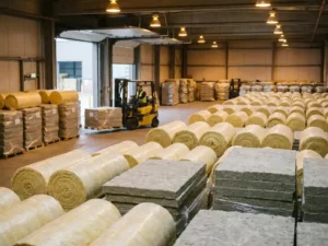 Magazijn vol gestapelde rollen glaswol en steenwol isolatiepanelen, met een heftruck op de achtergrond klaar voor directe levering.