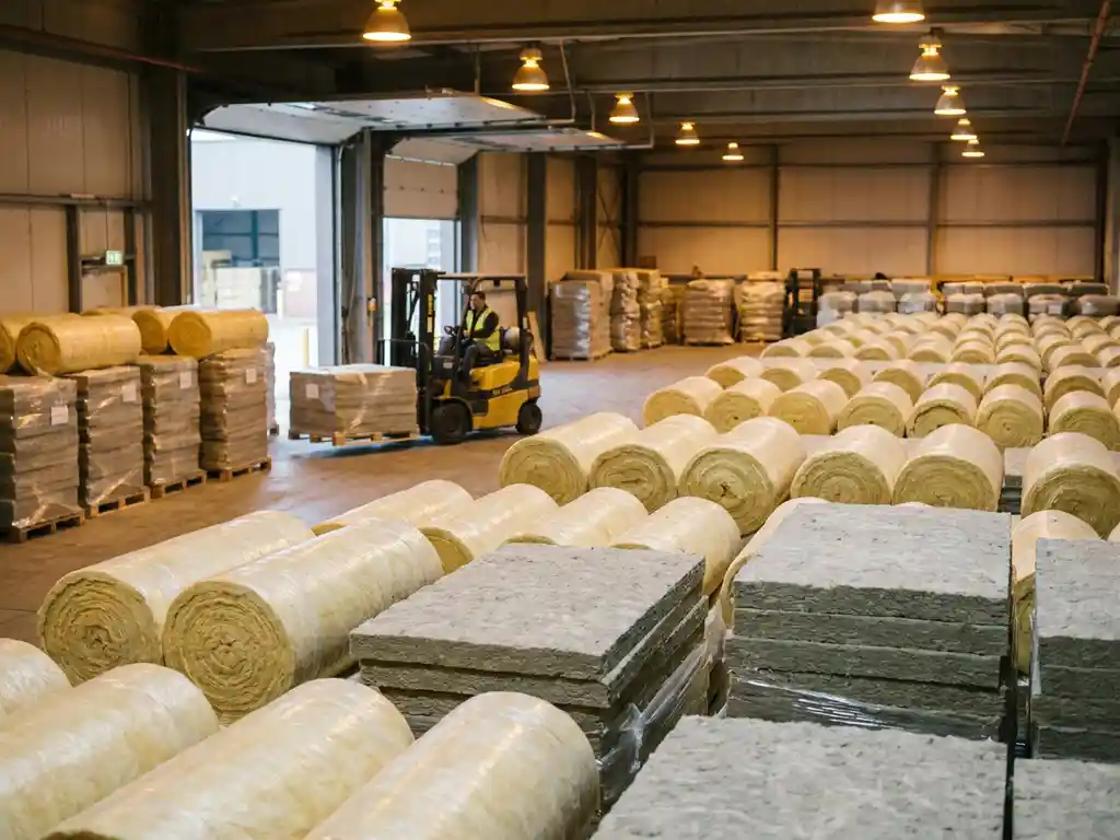 Magazijn vol gestapelde rollen glaswol en steenwol isolatiepanelen, met een heftruck op de achtergrond klaar voor directe levering.