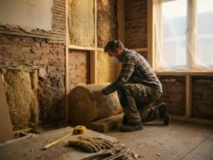 Vakman rolt minerale wol uit in de spouwmuur van een Nederlandse bakstenen woning tijdens renovatie, meetlint en handschoenen op de vloer.
