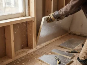 Gehandschoende handen die een zilveren PIR-isolatieplaat tegen een houten wandframe drukken, met snijresten en een stanleymes op de vloer.