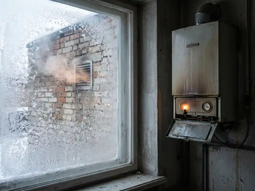 Gasketel die continu draait tegen een koude muur, met vorstpatronen op slecht geïsoleerd bakstenen exterieur.