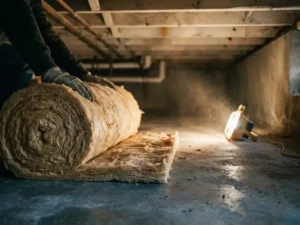 Minerale wol isolatie die wordt uitgerold op betonnen kruipruimtevloer, met zichtbare vloerbalken en werklamp erboven.