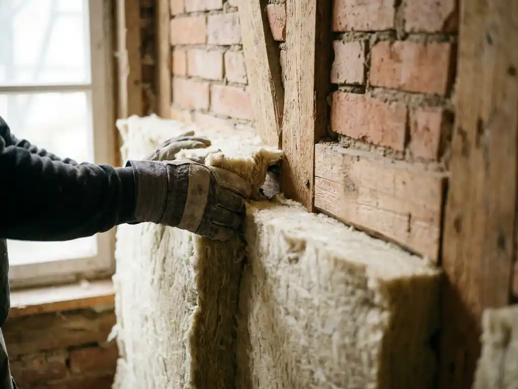 Gehandschoende hand die mineraalwol isolatie in een hoeknaad van een spouwmuur drukt, omgeven door baksteen en houtskelet.