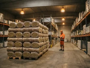 Stapel minerale wol isolatierollen in magazijn, bouwvakker controleert klembord op achtergrond.