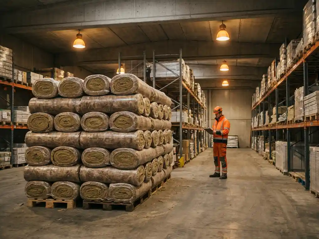 Stapel minerale wol isolatierollen in magazijn, bouwvakker controleert klembord op achtergrond.