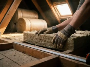 Aannemer rolt minerale wol isolatie uit op houten zoldervloer, meetlint toont nauwkeurige afmetingen, daglicht via dakraam.