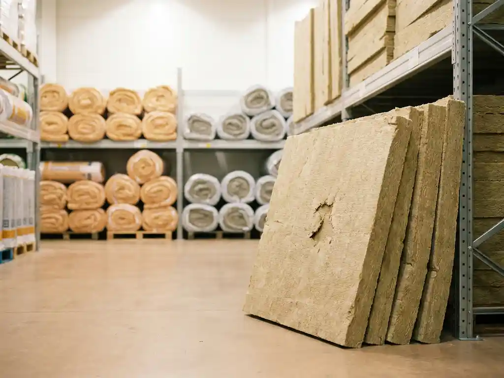 Stapel minerale wol isolatieplaten met lichte oppervlakteonregelmatigheid, omringd door glaswolrollen op magazijnschap.