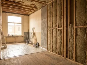 Renovatie van Nederlandse rijtjeswoning met minerale wol isolatie tussen houten spanten in vloer, wanden en dak, warm natuurlijk daglicht.
