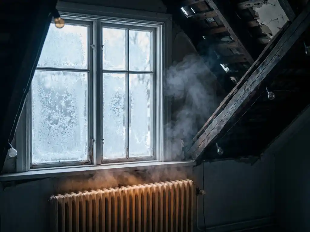 IJskristallen op slaapkamerraam met warme radiator eronder, zichtbare condensatie en ongeïsoleerde dakspanten in koude zolderkamer.