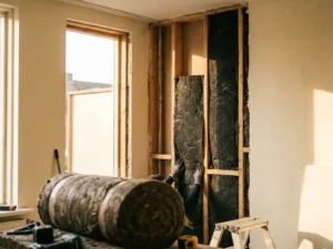Steenwol isolatie geperst in houten spouwmuur van Nederlandse woning tijdens renovatie, warm interieurlicht, fotorealistisch detail.