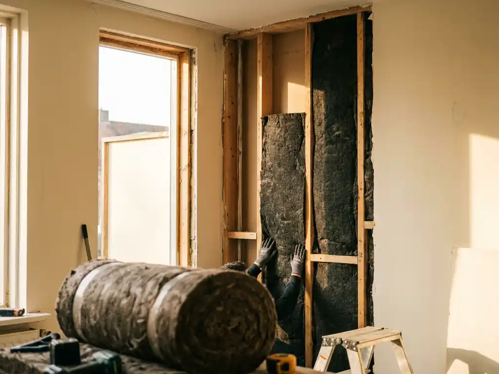 Steenwol isolatie geperst in houten spouwmuur van Nederlandse woning tijdens renovatie, warm interieurlicht, fotorealistisch detail.