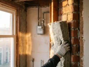 Steenwol isolatieplaat tegen onafgewerkte bakstenen spouwmuur in Nederlandse woning, met gasmeter op achtergrond in zachte focus.