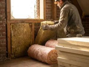 Vakman die minerale wol in spouwmuur van Nederlandse baksteenwoning drukt, met glaswolrollen en isolatieplaten op de achtergrond.