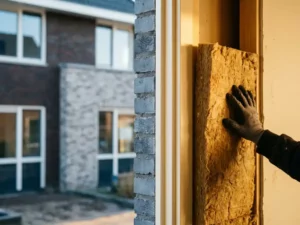 Steenwol isolatieplaat geplaatst in spouwmuur van Nederlandse woning, met warm interieur en grijze buitengevel op de achtergrond.