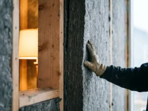 Gehandschoende hand die steenwol isolatieplaten tussen houten spouwmuurstijlen indrukt, warme binnenverlichting contrasteert met koele buitentinten.