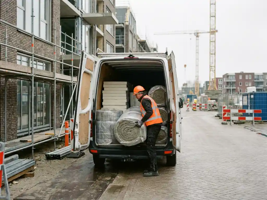Bouwvakker lost steenwol isolatierollen uit een bestelbus op een Nederlandse bouwplaats, gestapelde isolatiepanelen zichtbaar in het laadruim.