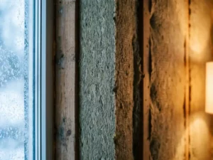Steenwol isolatieplaat tussen houten wandstijlen, met aan één zijde berijpt winterglas en aan de andere warme binnenverlichting.