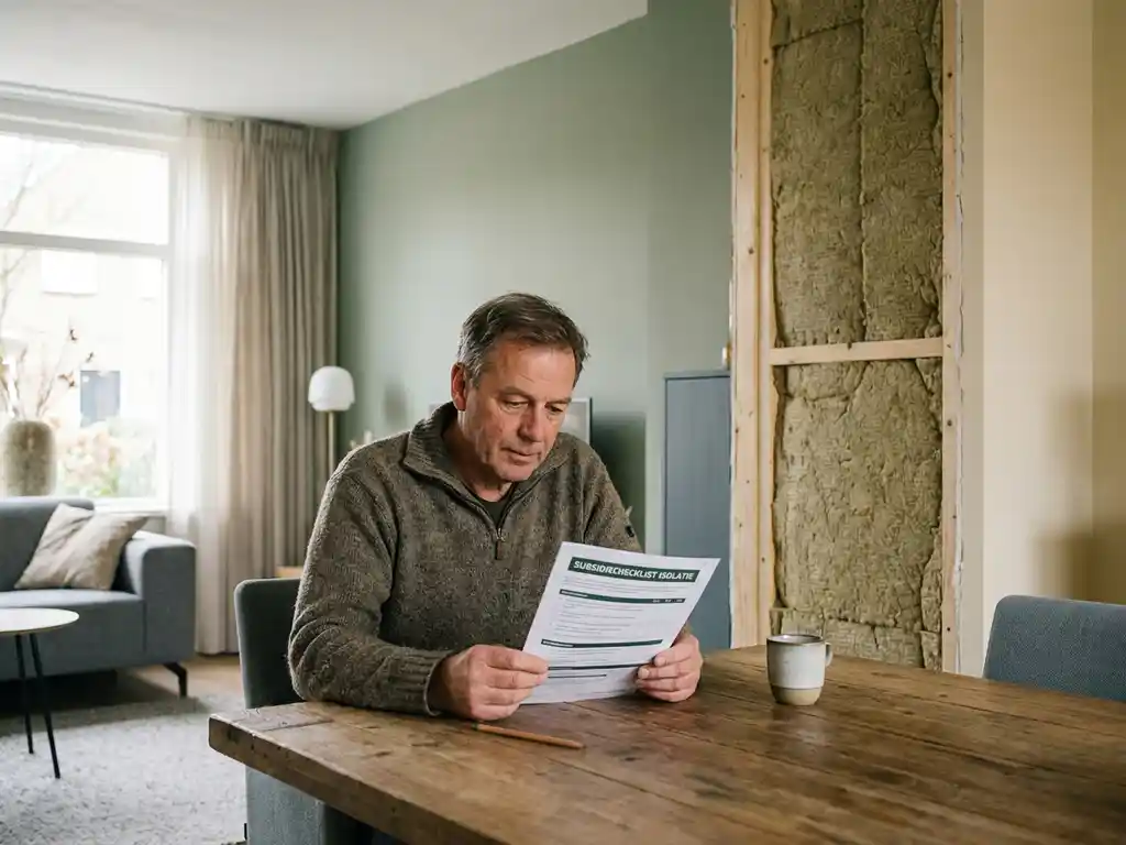 Huiseigenaar bekijkt subsidiechecklist naast nieuw geïnstalleerde mineraalwol wandisolatie in warme renovatieomgeving.