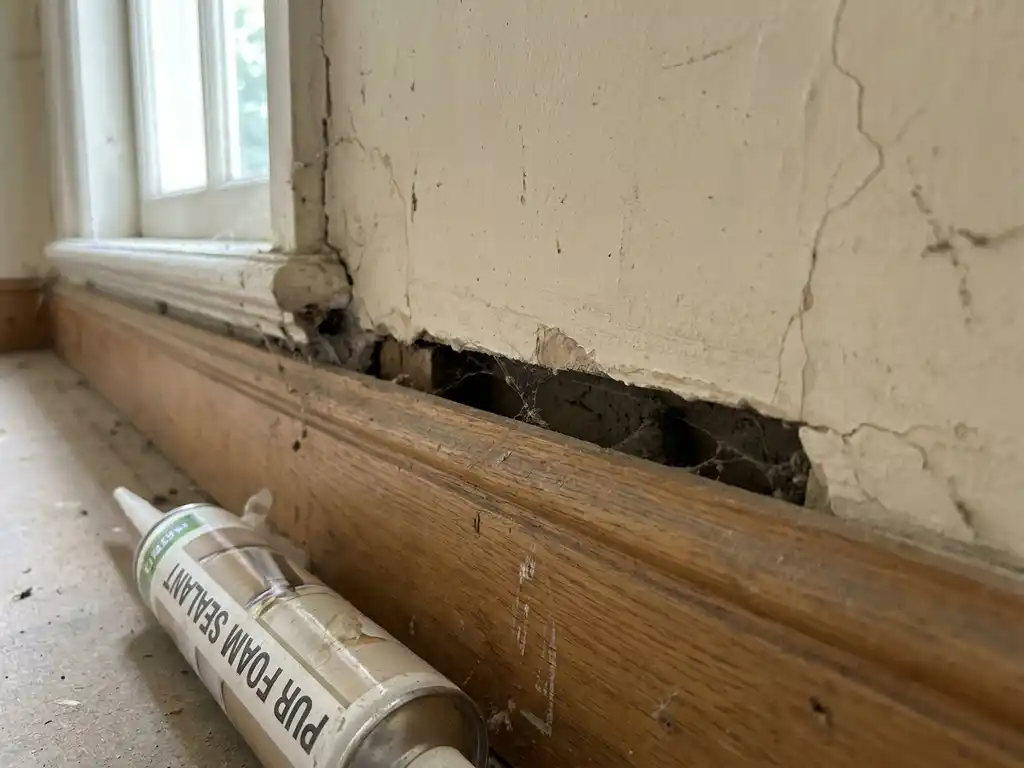 Versleten houten plint in oud Nederlands interieur met kier langs gebarsten pleisterwand en tube PUR-schuim klaar voor toepassing.