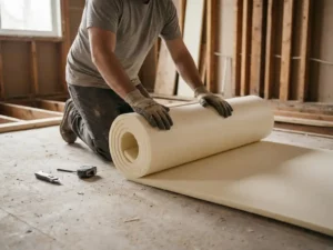 Persoon die isolatieplaat uitrolt op betonnen ondervloer, met meetlint en stanleymes ernaast, in onafgewerkte ruimte met zichtbare balken.