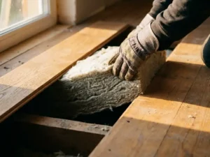Gehandschoende hand die mineraalwol onder een opgetilde eiken vloerplank schuift, zachte grijze isolatie zichtbaar boven de kruipruimte.