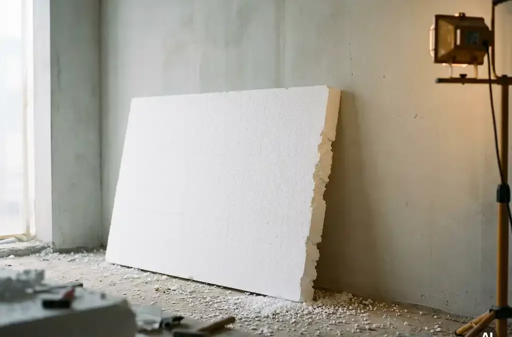 EPS-isolatieplaat rechtopstaand tegen betonnen muur op Nederlandse bouwplaats, met zichtbare schuimtextuur en witte polystyreenkorrels op de grond.