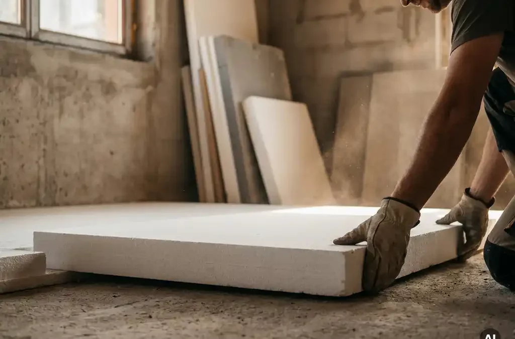 Witte EPS isolatieplaat die op een betonnen ondervloer wordt gelegd, met gestapelde panelen tegen een ruwe betonnen muur.